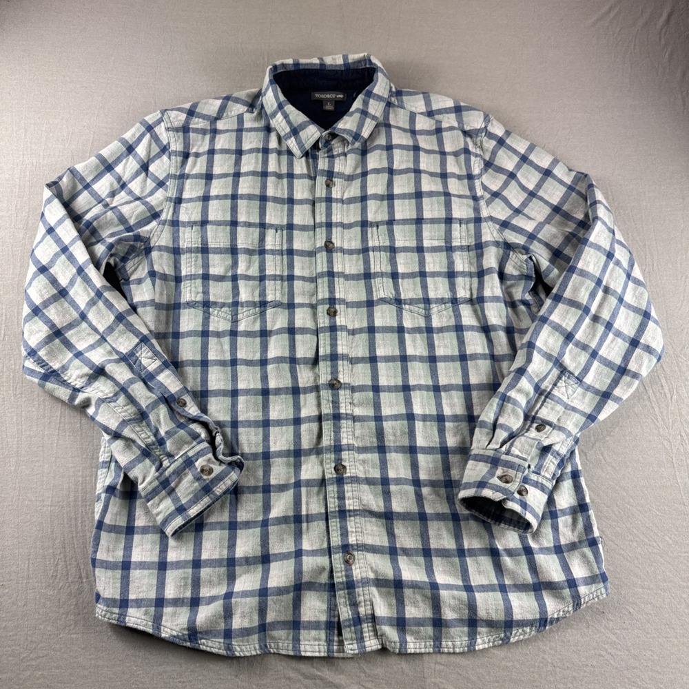 Toad Co Flannagan Flannel Shirt Men L Blue Plaid Button Up Long Sleeve Camp READ